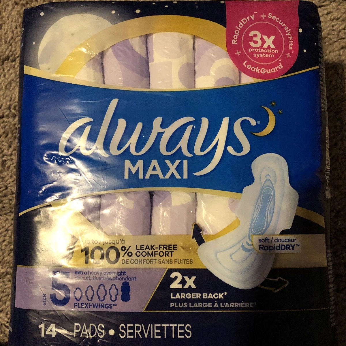 Always Maxi Extra Heavy Overnight Pads with Flexi-Wings Size 5- 14 Count  Pads A8