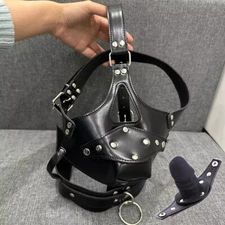 Bondage PVC Leather Head Hood Harness Detachable Plug Mouth Gag BDSM Slave Games