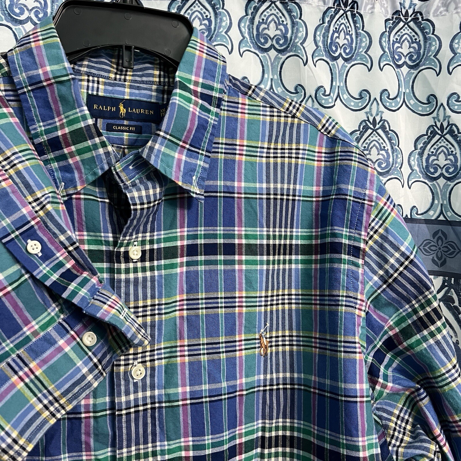 Polo Ralph Lauren Camicia Uomo 2XL Plaid Manica Lunga Oxford Pasqua Carne Pony
