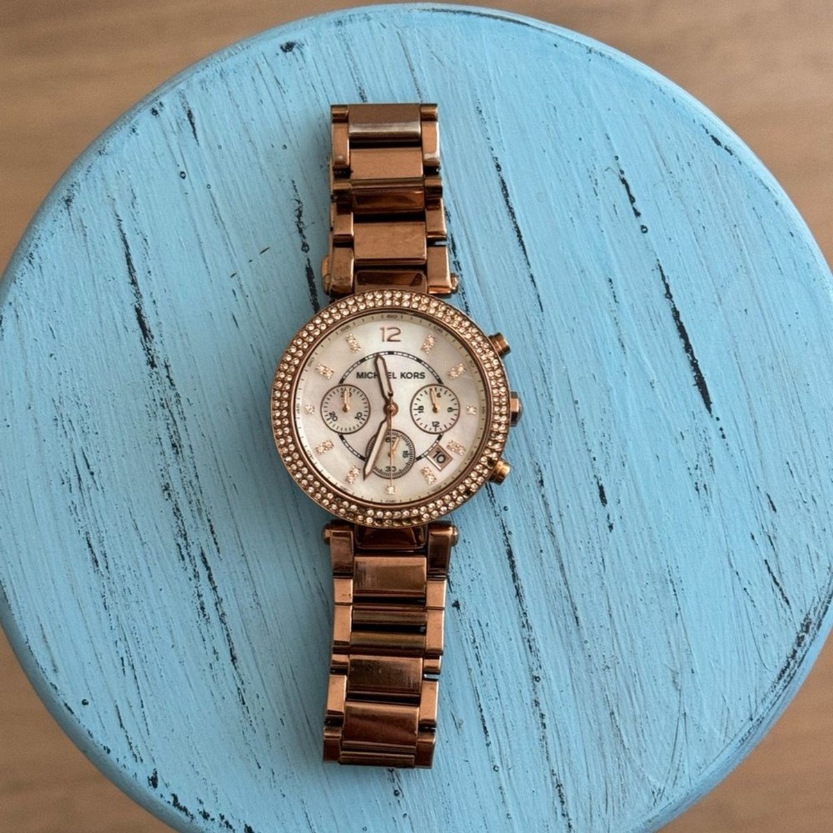 Michael Kors Gold and Brown Watch with Crystal Bezel Michael Kors Mini Parker Crystal Bezel Watch | Mercari main image 4