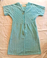 Vtg Stan Herman Terry Cloth Robe House Dress Large 1/2 Zip Short Sleeve Lt Blue
