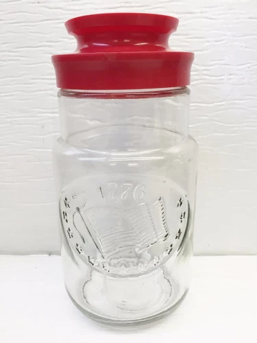 Vintage Anchor Hocking Jar w/Screw Top Red Plastic Lid 1776 Flag