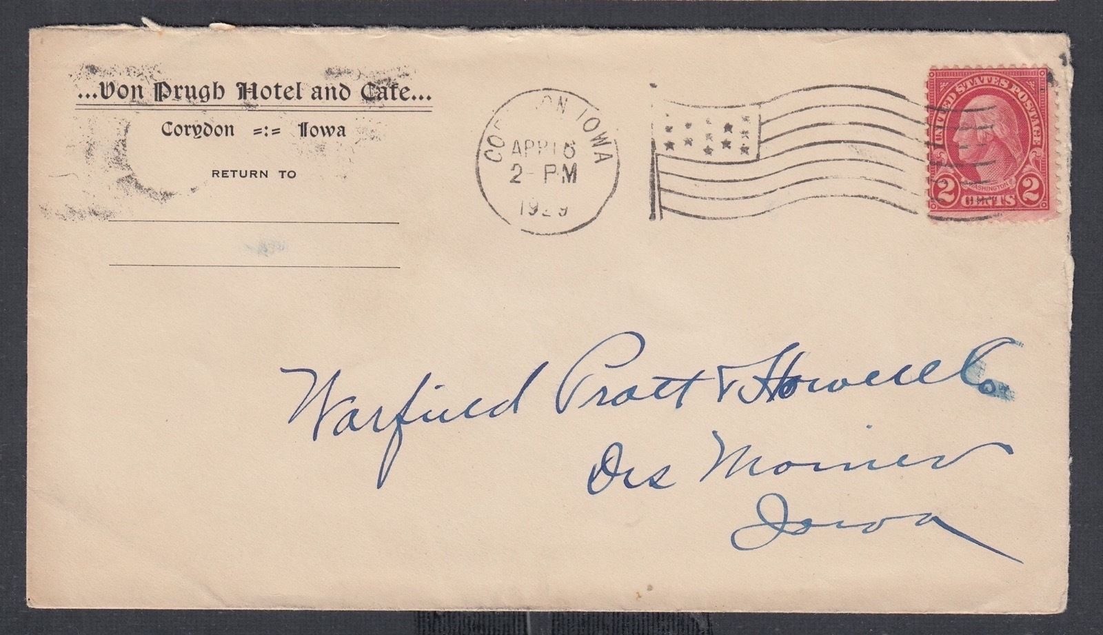 USA 1929 VON PRUGH HOTEL & CAFE COVER CORYDON TO DES MOINES IOWA eBay