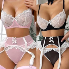 Women's Sexy Lingerie Lace Babydoll Bra Thong Set Garter Sleepwear Cosplay Men