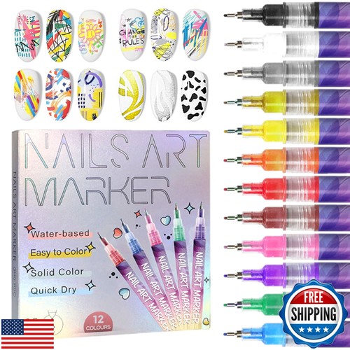 AOKELEON 12 Colors Nail Art Pens Set 3D Nail Polish Pens Graffiti Dotting Pen