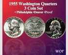 1955 P & D  WASHINGTON QUARTER 3 COIN SET NEW MINT BU PLUS PROOF