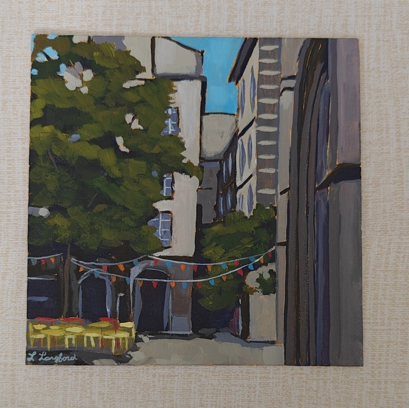 Original European Street Scene Painting Cafe Courtyard 8x8 Acrylic Art