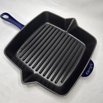 Staub Cast Iron 10.5  Square Grill Skillet Deep Blue Enamel Cast Iron Frying Pan