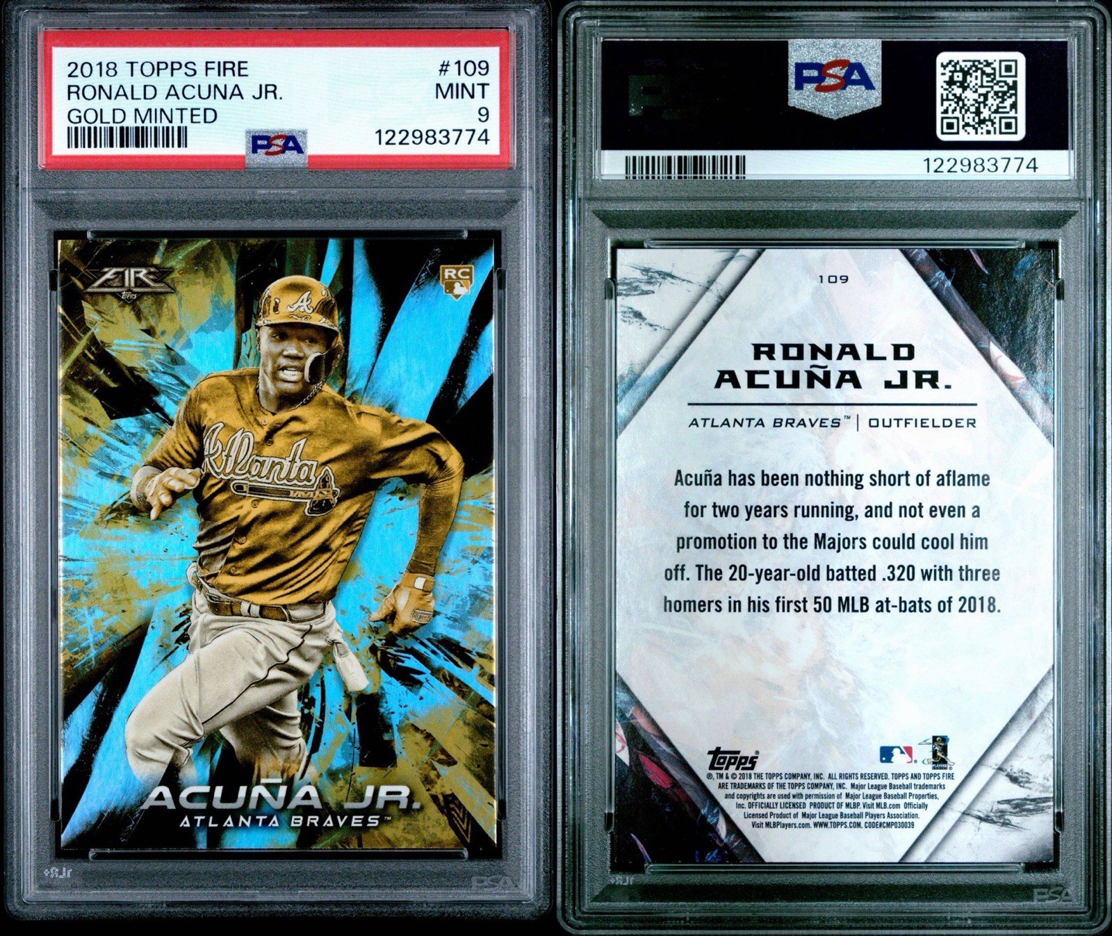 2018 Topps Fire Gold Minted #109 Ronald Acuna Jr. RC ROOKIE PSA 9 MINT RARE view 3
