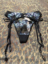 Victoria  s Secret Black Embroidered Lace Tassels Garter Belt  Thong Set NWT Sm