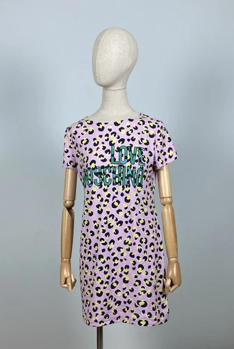 Abito maglietta LOVE MOSCHINO rosa stampa leopardata manica corta grande logo taglia 8