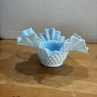 Vintage Fenton Blue White Milk Glass Hobnail Ruffled Candy Nut Dish Bowl