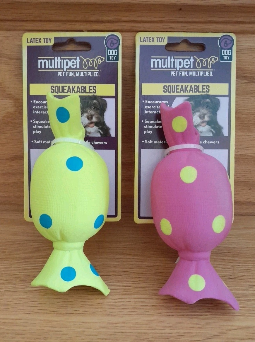 Set Of 2 MULTIPET Latex Candy Wrapper Toy w/Squeaker 4" New In Package 