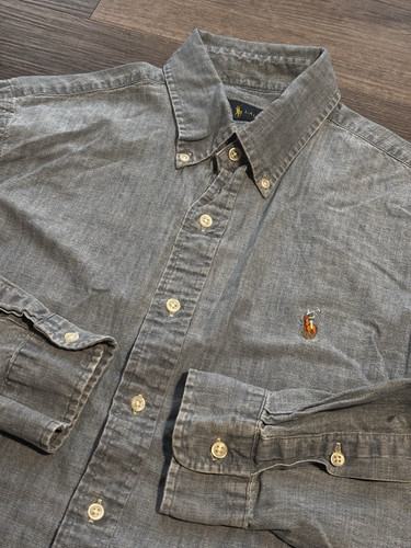 Ralph Lauren Denim Button Up Shirt Large Chambray Stretch Oxford Flesh Pony
