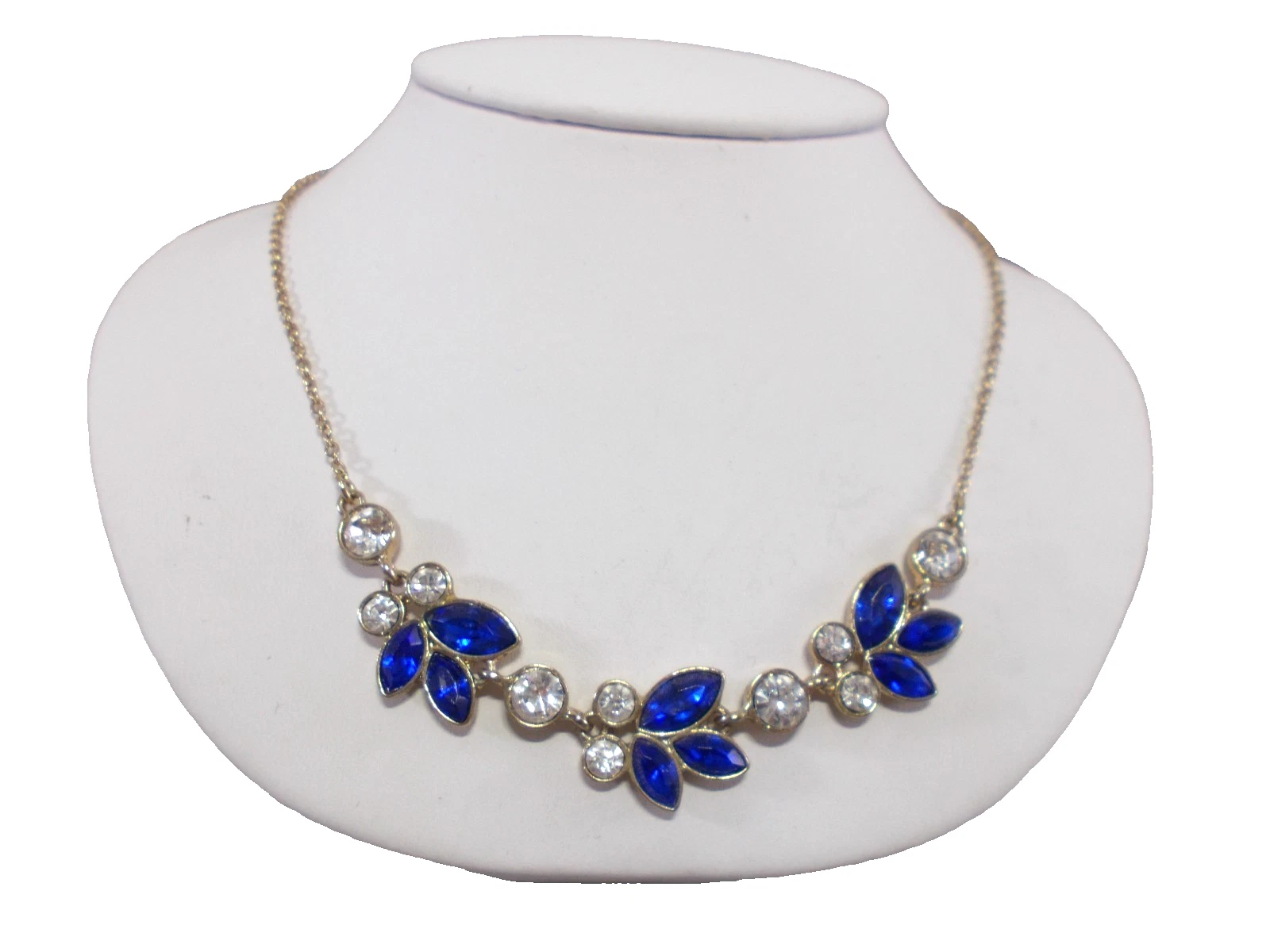 VETEMENTS Collana girocollo Avon tono oro blu reale e foglie strass trasparenti spedizione gratuita