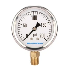 2.5" Glycerin Filled Pressure Gauge 0-200psi Stainless Steel 1/4" NPT Mount