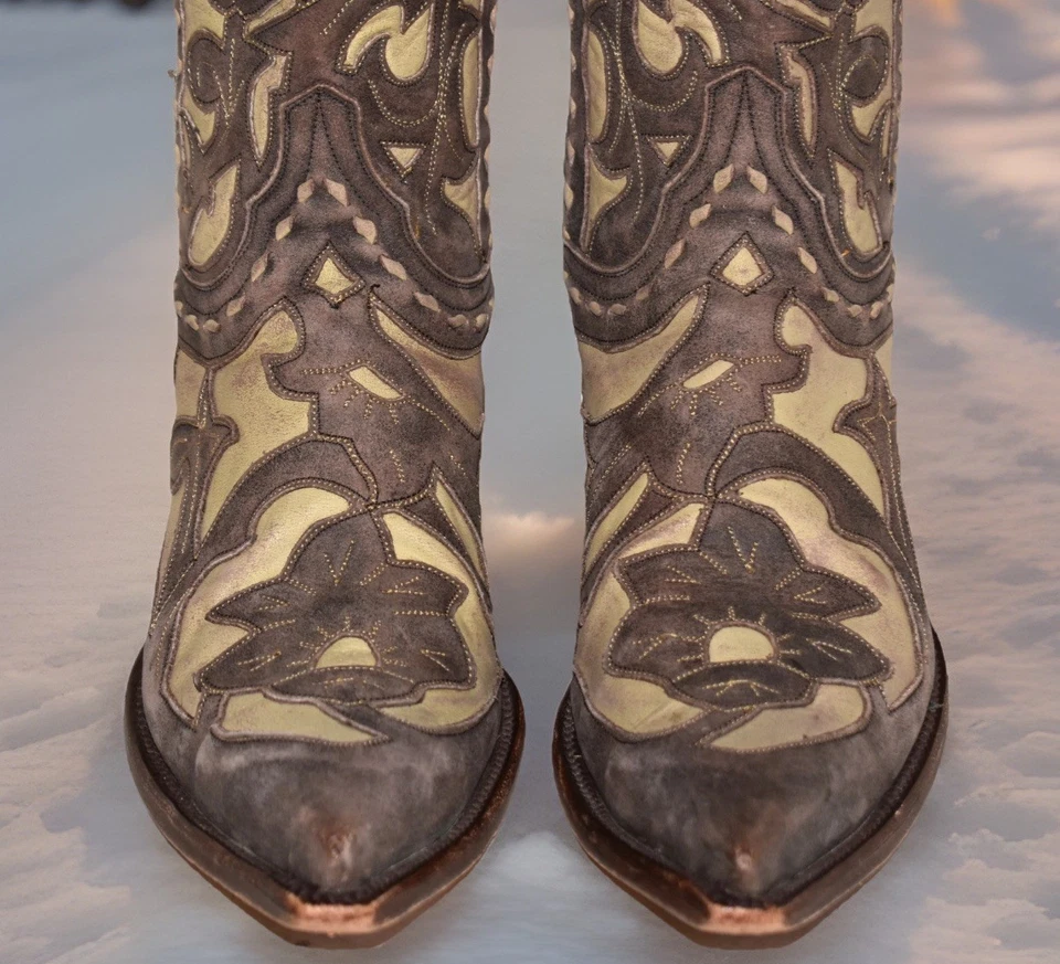 Vtg Y2k Label OLD GRINGO "JUDE" Beige Sz 8B Floral Tooled Overlay Cowgirl BOOTS - Image 3 of 4