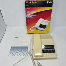 AT&T MODEL CRT 330 DESK CORDED TELEPHONE DIGITAL CLOCK ALARM AM/FM RADIO VINTAGE