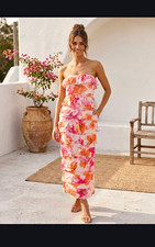 PRETTYLITTLETHING Women’s Pink Orange White Floral Strapless Ruffle Midi S