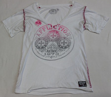 Affliction Women's T-Shirt Size XL White Pink Lace Up Short Sleeve V-Neck Print
