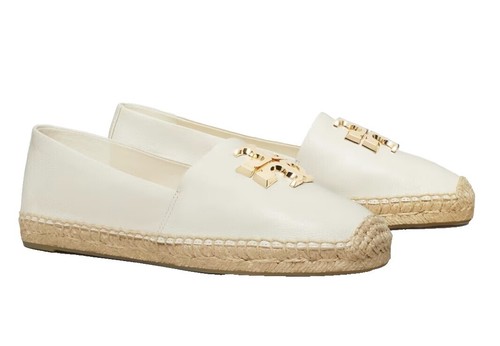Tory Burch Beige Leather Espadrille Flats Rhinestone Logo 