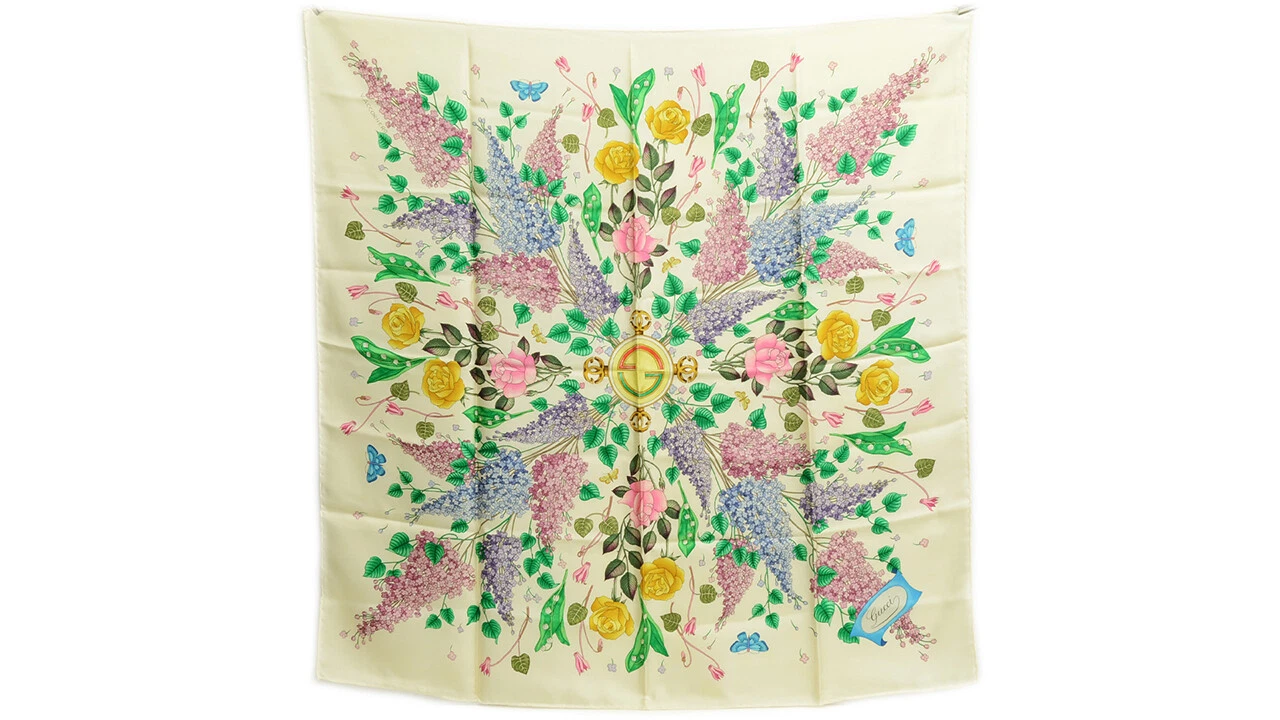 Authentic Gucci 100% Silk Scarf White A Norma Della 90cm Dahlia Floral Flowers
