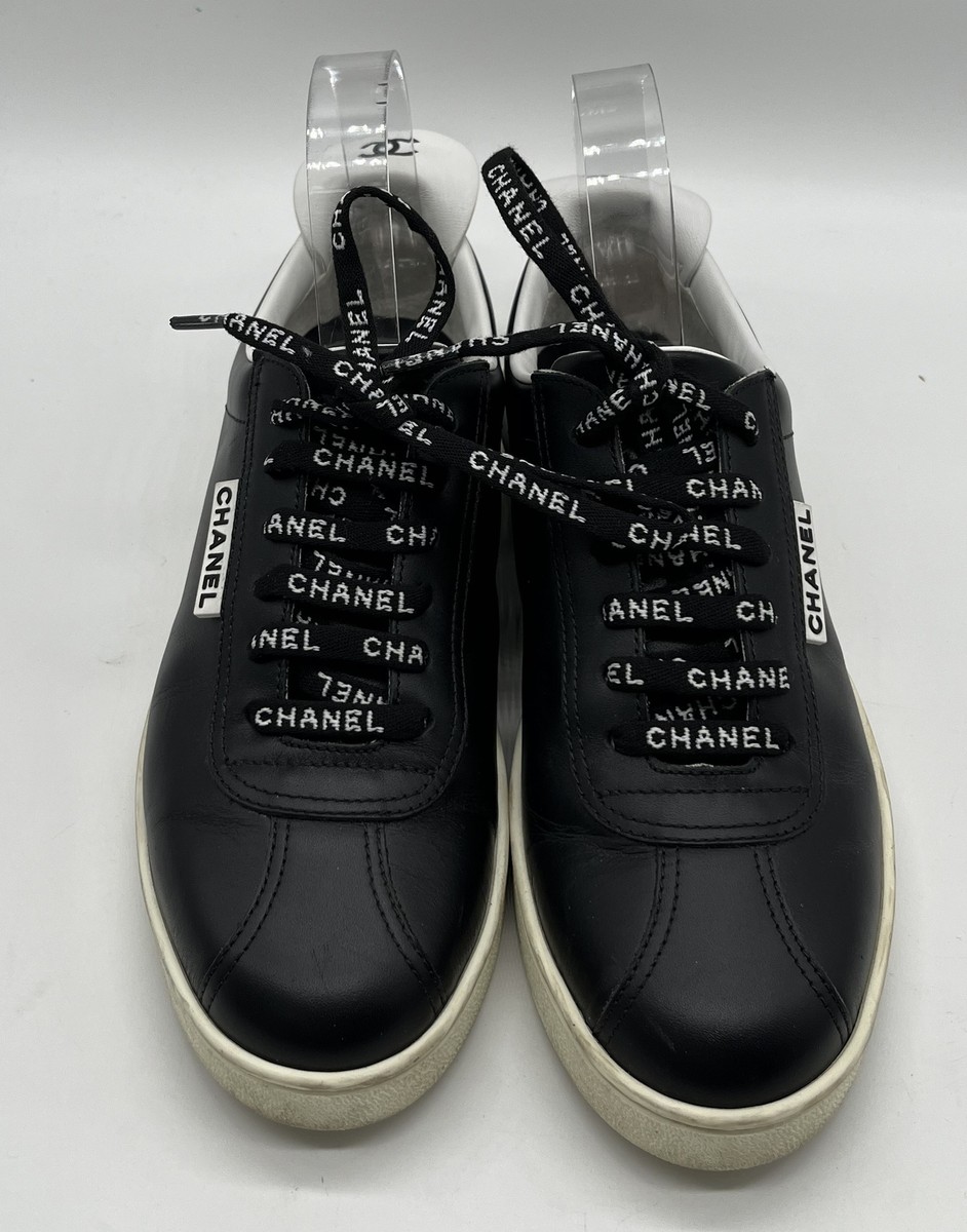 Chanel Black Leather Logo Lace-Up CC-Heel Flap Sneaker sz Chanel Black Leather Logo Lace-Up CC-Heel Flap Sneaker sz