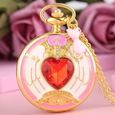 Golden Pocket Watch Stylish Red Heart Pattern Pocket Watches Necklace Chain Gift