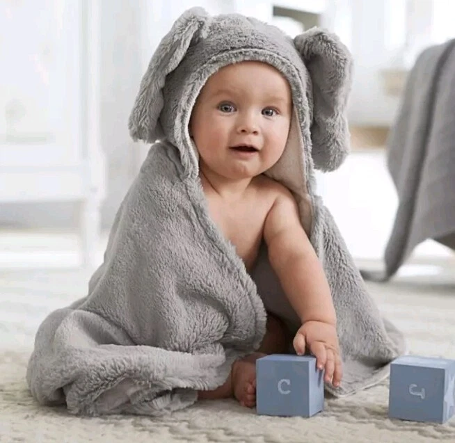 PBK Faux Fur Elephant Baby Hooded Towel Gray Soft Terry Cloth 100% Cotton