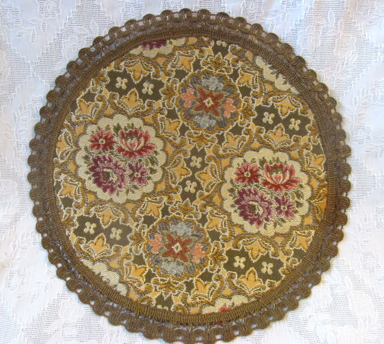 Vintage European Brocade Tapestry Round Doily w/Metallic Gold Braid Trim