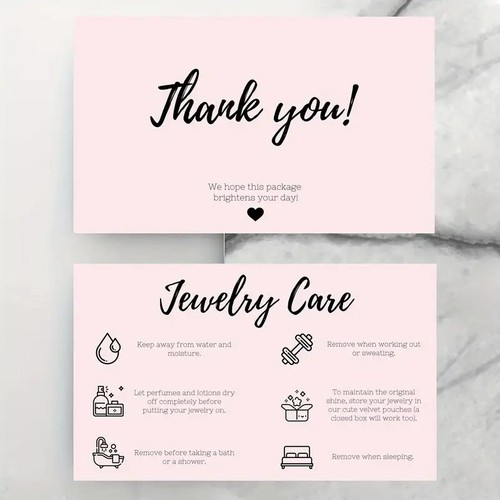 100 PCS x Pink Jewelry Care Instructions Card/Thank You Cards