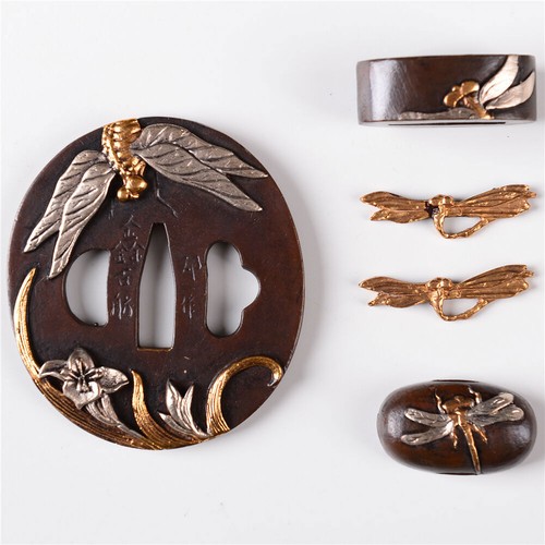 Gold Splitter Platte Messing Menuki Fuchi Kashira Libelle Tauba für japanisches Schwert - Bild 1 von 2