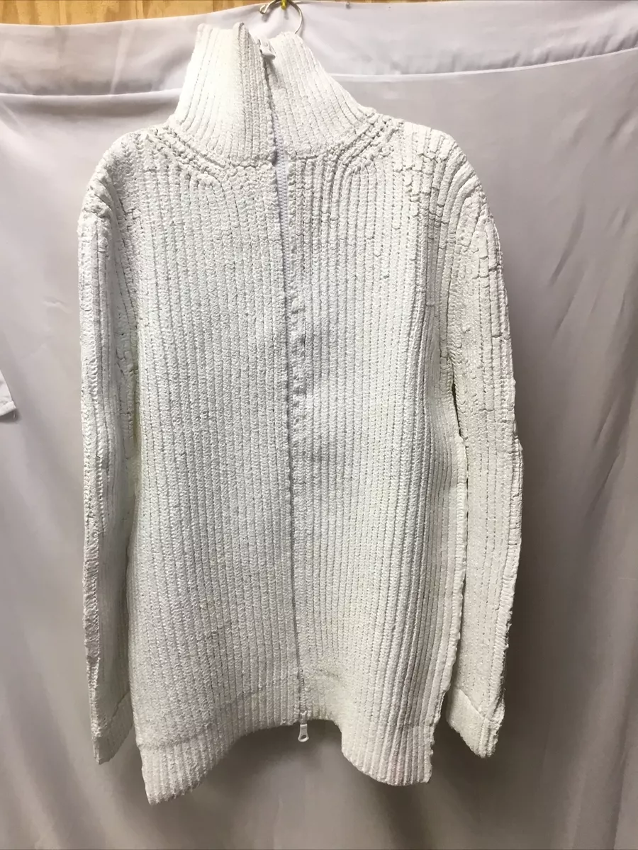 Maison Margiela Men’s White Painted Coated Rib Full Zip Sweater Size S