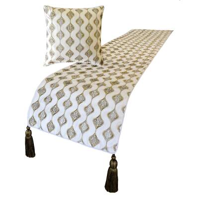 Decorative King Bed Runner Ivory Linen Geometric, Beaded Hand Embroidery - Mahsa