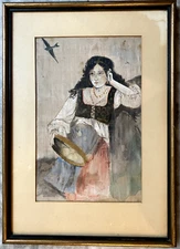 Watercolor Portrait Girl Woman in Dress with Bird and Instrument 1907 Signed