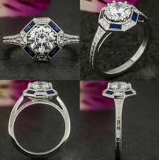 Art Deco 1.70Ct Round Baguette Blue Sapphire CZ Vintage Engagement Ring