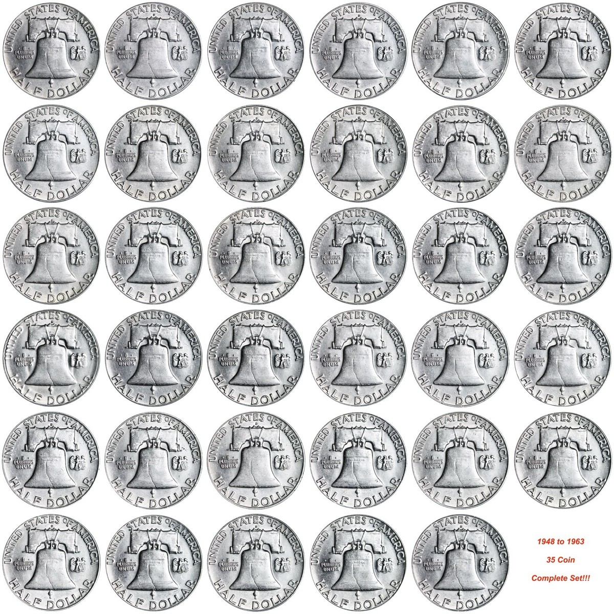 COMPLETE SET FRANKLIN SILVER HALF DOLLARS 1948-1963! 35 COINS IN