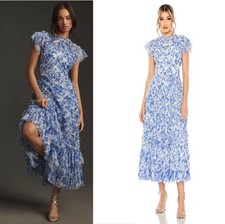 New Mac Duggal Size 4 Blue Floral 8009 Ruffle Short Sleeve Tiered Midi Dress NWT