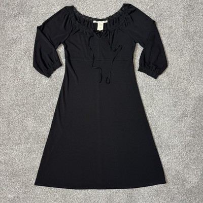 Max Studio Dress Womens Medium Black A-Line Boho Lace Trim 3/4 Sleeve Made USA