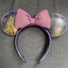 Disney- Parks Cinderella Castle Fireworks Minnie Ears Purple Bow Headband Gift