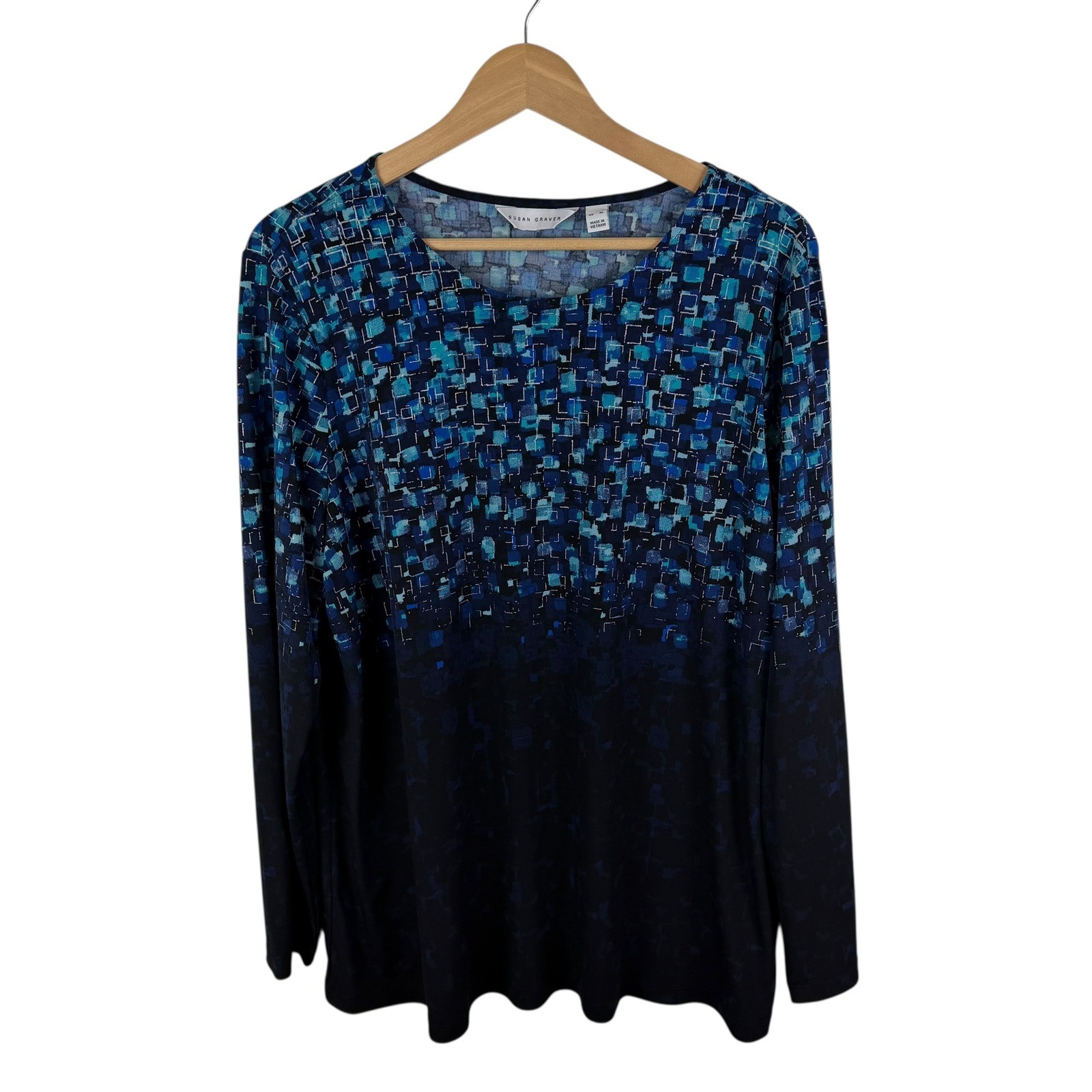 Susan Graver Abstract Print Top Sz XL Blue Liquid Knit Stretch Comfy Lightweight