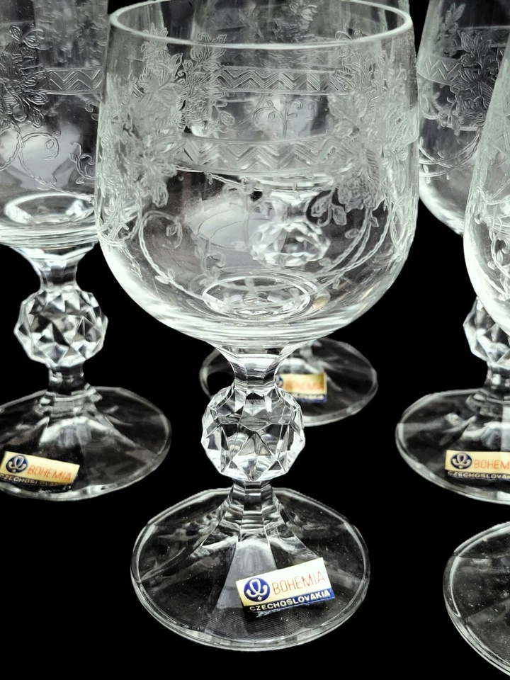 6 Bohemia Crystal Weißwein Gläser vintage facettierte Kugel geätzt 14cm edel ovp - Bild 3 von 4