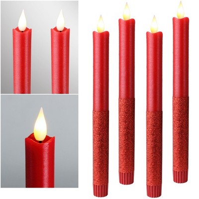 4er Set LED Stab-Kerze 24x2,2cm 3D-FLAMME mit TIMER Echt-Wachs-Mantel flackernd