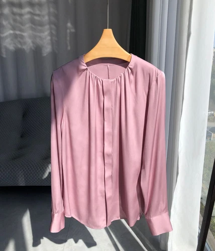 Damen Langarm 100% echte Seide Knopf Rundhals Shirt Bluse Büro Damen OL - Bild 30 von 38