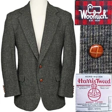 Vintage Woolrich Harris Tweed Wool Sport Coat Suit Jacket Black Check Winter 42