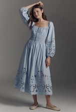 ASTR the Label Blue Smocked Square Neck Puff Long Sleeve Midi Dress Sz XS