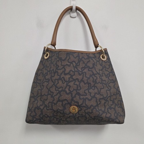 Tous Vegan Leather Shoulder Tote Bag Large Brown Black Kaos Gold Accents Luxury