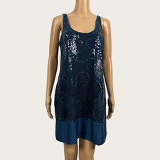 Express LARGE Deep Blue Sequined Satin Trim Shift Tank Party Dress Dreamweight