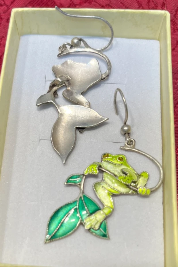 Pendientes vintage de plata esterlina con tallo de rana árbol verde esmalte .925 1 1/2" D Foto 3 de 4