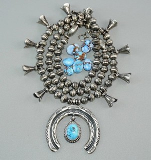 GOLDEN HILLS Turquoise Navajo Pearl SQUASH BLOSSOM Necklace 21" Drop FRANCISCO